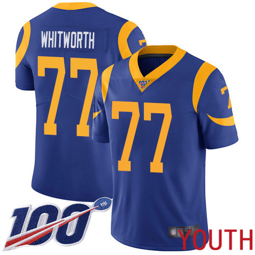 Los Angeles Rams Limited Royal Blue Youth Andrew Whitworth Alternate Jersey NFL Football #77 100th Season Vapor Untouchable->youth nfl jersey->Youth Jersey